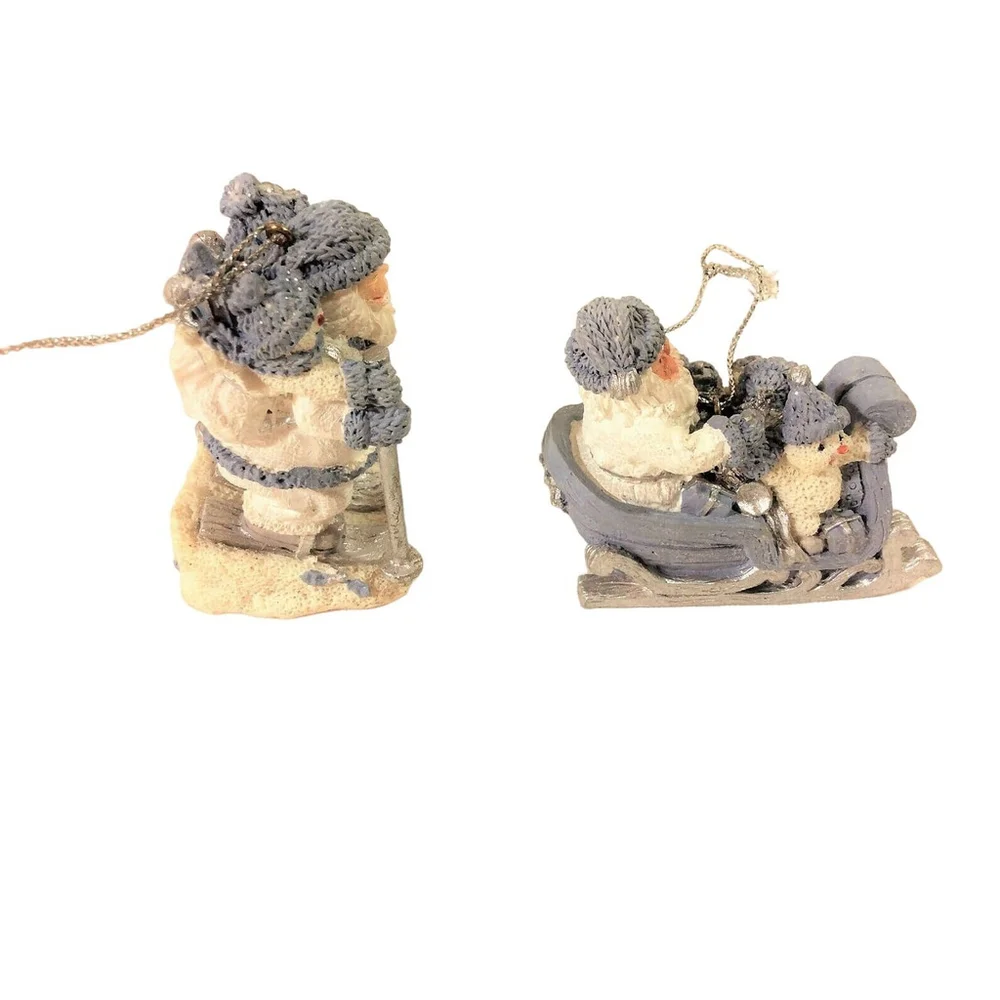 Vtge Encore Set of 2 Snow Buddies Ornaments Santa Skiing Santa's Sleigh